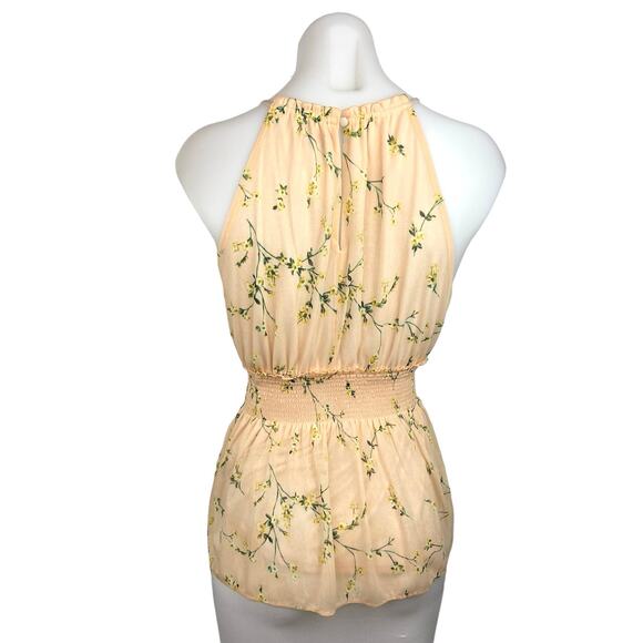 Express Yellow Floral High Neck Smocked Waist Sleeveless Peplum Blouse Top Sz S - Picture 2 of 4